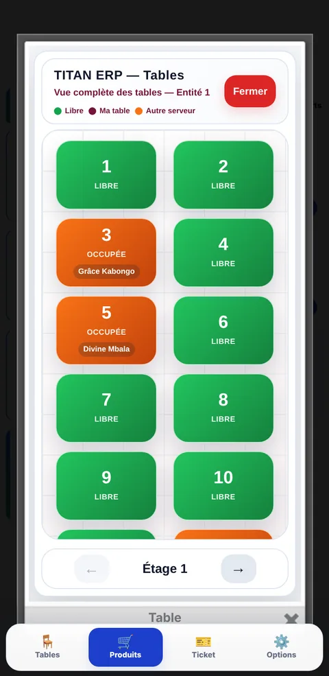Plan des tables dans TITAN POS : tables libres en vert, tables occupées en orange avec le nom de la serveuse