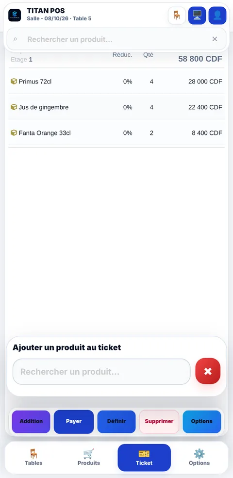 Ticket de la table 5 dans TITAN POS, avec les boutons Addition et Payer