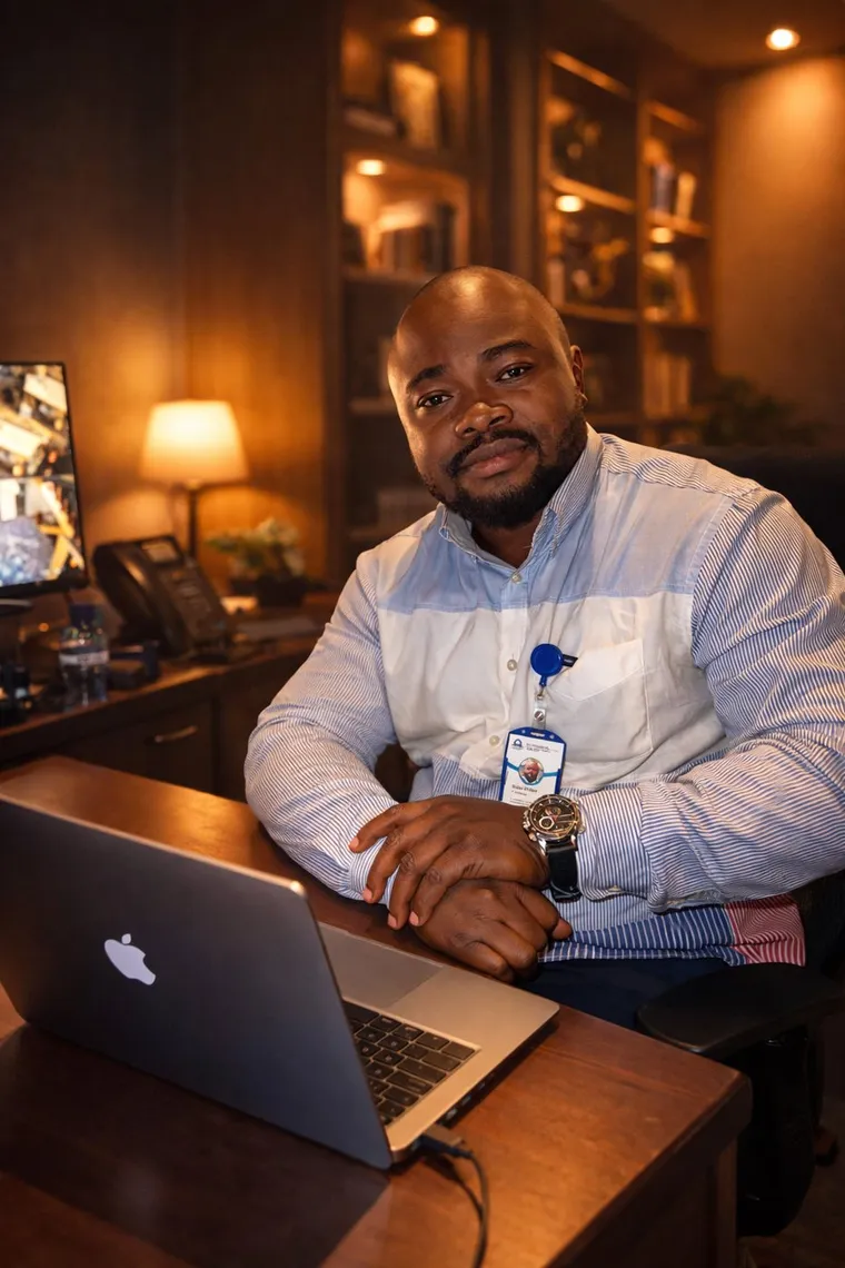 Stany Sulu, développeur de solutions informatiques et fondateur de STANTECH, à son bureau