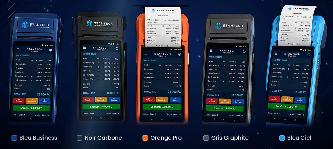 Le terminal STANTECH en cinq couleurs : Bleu Business, Noir Carbone, Orange Pro, Gris Graphite et Bleu Ciel