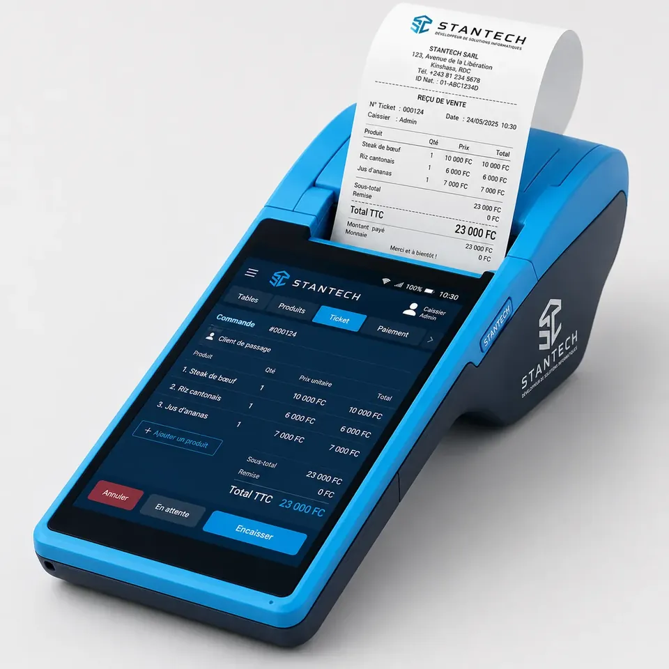 Terminal STANTECH avec écran de caisse TITAN ERP et ticket imprimé