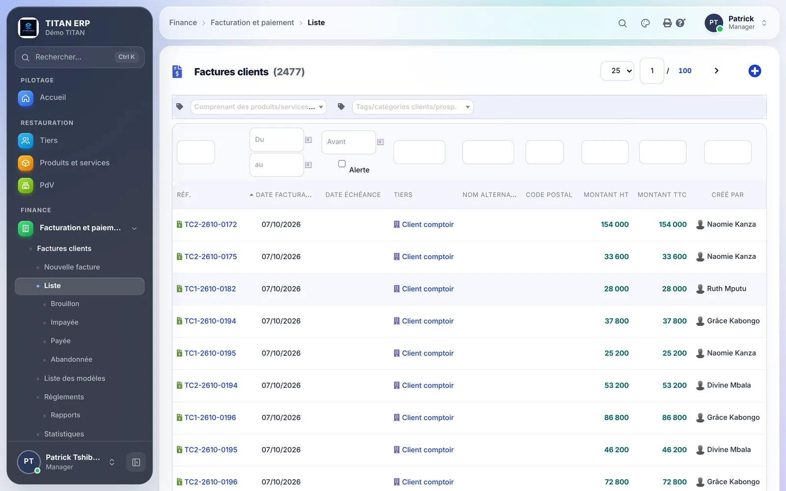 TITAN ERP : liste des factures clients avec le menu Facturation et paiement ouvert