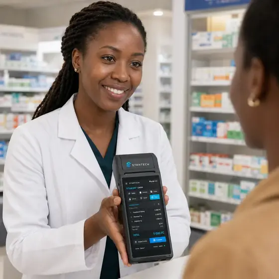 Terminal STANTECH au comptoir d'une pharmacie
