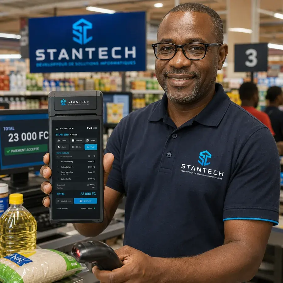 Caissier de supermarché avec le terminal STANTECH